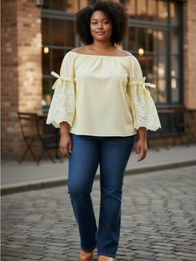 Fever Boho Peasant Blouse with Embroidered Bell Sleeves Yellow White Striped L